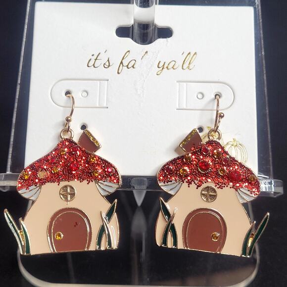 Mushroom House Red Glitter Roof Earrings Forest Fairy Grunge Cottagecore‎ NWT - Picture 1 of 3